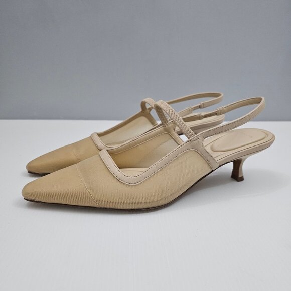 Vince Shoes - Vince Venice Slingback Kitten Heel Sandal Womens 9 Birch Sand Mesh Leather